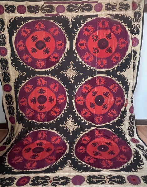 Antique Hand Embroidered Suzani Wall Hanging Curtain Dowry Hanging: C20th Uzbekistan