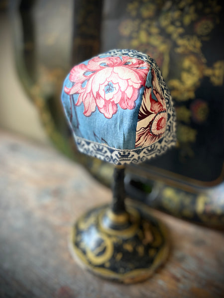 Antique Traditional Folk Costume Babies Chintz Bonnet: C19th Marken, Netherlands Blue/pink