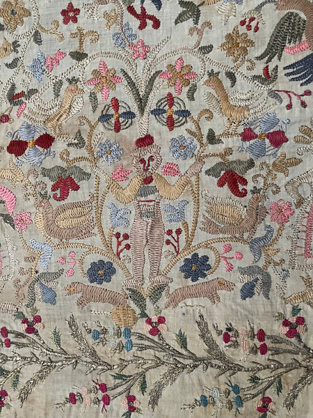 Antique Traditional Greek Island Embroidered Panel with Figures, Animals, Birds: C18th/19th Crete
