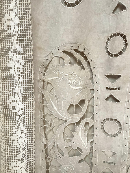 Antique Cutwork Embroidered Richelieu Lace Wallhanging Curtain Panel: C1900 - 1910 France