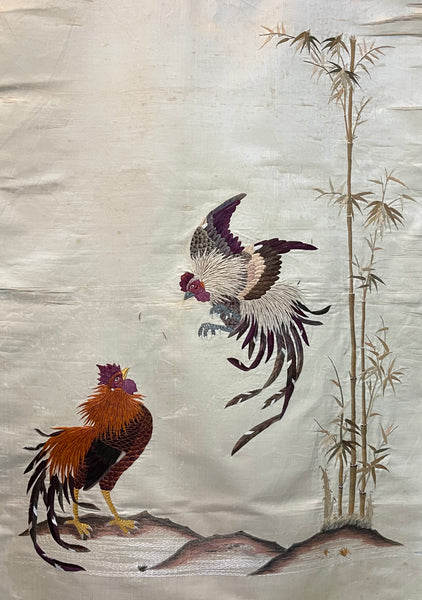 Fine Antique Silk Embroidered Wall Hanging with Cockerels: C19th China