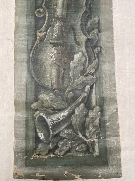 Pair Antique Trompe L’oiel Hand-painted Panels with Neo Classical Music Theme: C19th France