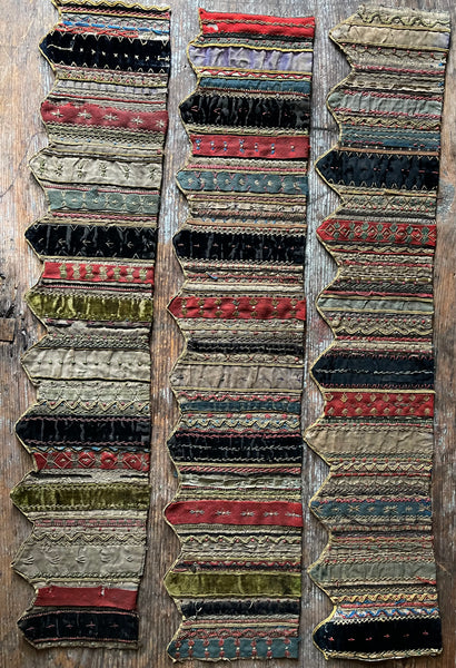 Handmade Victorian Silk Velvet Embroidered Shelf Pelmets x 3: C19th Britain