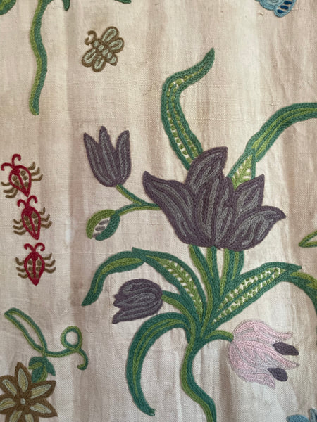 Vintage Jacobean Revival Crewelwork Embroidered Bedcover Quilt: C1970s Kashmir, India for export. 200cm x 220cm