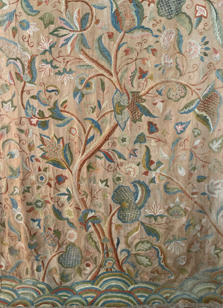 Antique Jacobean Revival Tree of Life Crewelwork Wall Hanging: C1900 Kashmir, India