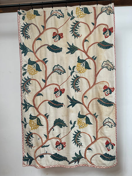 Original Antique Crewelwork Embroidered Bed Hanging: C18th Britain