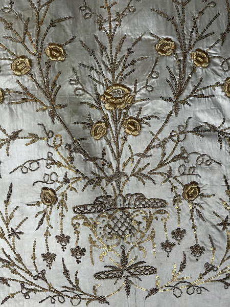 Antique Ottoman Embroidered Powder Blue Silk Satin Gold Embroidered Panels: C19th Turkey