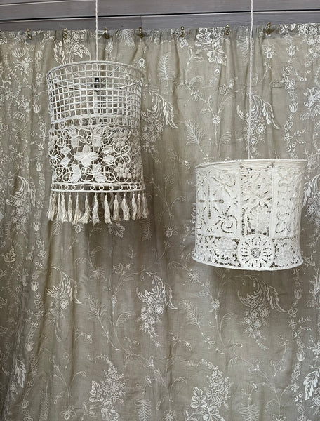 Antique Bespoke Embroidered & Cutwork Linen Ceiling Lampshade: C19th France