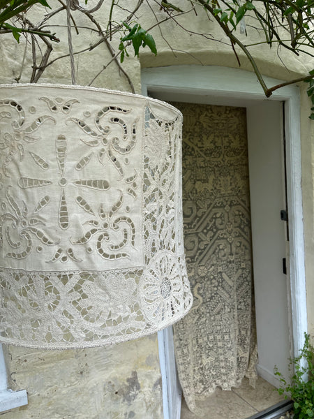 Antique Bespoke Embroidered & Cutwork Linen Ceiling Lampshade: C19th France