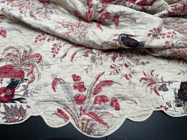 Rare Antique Indiennes Block Print Quilted Panel with Exotic Fruit and Foliage: C18th France