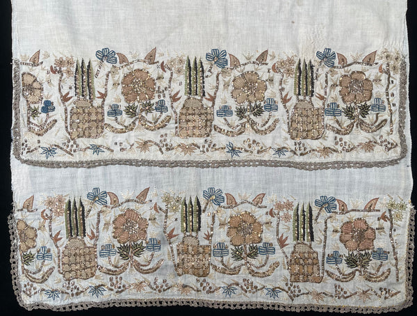 Pair Antique Ottoman Embroideries Silk and Metal Thread With Architectural & Garden Elements: C19th Turkey
