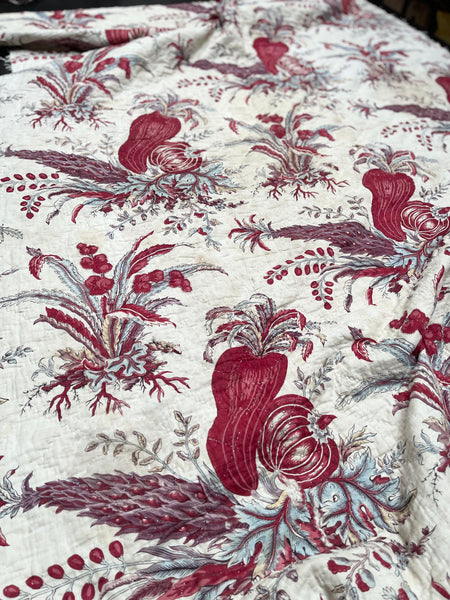 Rare Antique Indiennes Block Print Quilted Panel with Exotic Fruit and Foliage: C18th France