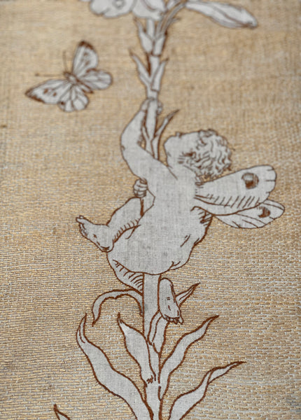 Antique Art Nouveau Silk Embroidery with Cupid & Lily in the manner of Walter Crane: C1900 England