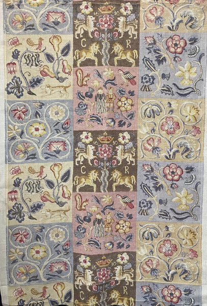 Charming Jacobean Revival Printed Linen Panel with Figures, Animals,  Florals: C1920 England