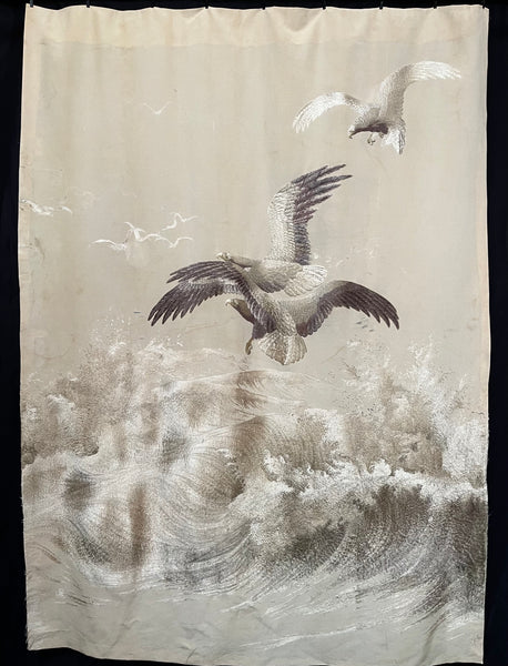 Museum Worthy Silk Embroidered Wallhanging with Waves Auspicious Sea Hawks: C19th Meiji Period, Japan.