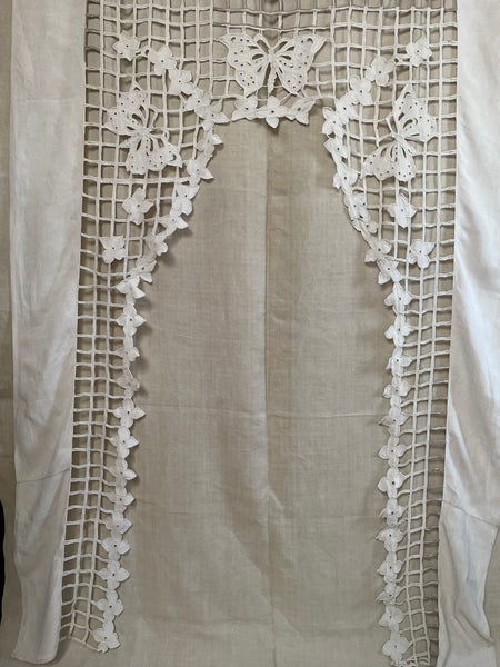 Art Deco Cutwork Embroidered Panel Wallhanging with Trellis, florals and Butterflies: C1920 France
