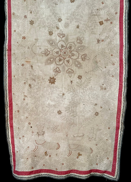 Rare Antique Hand Embroidered Kantha Quilt with Birds & Trees of Life: 19th Century, Bangladesh