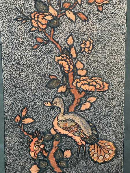 Antique Crewelwork Embroidered Tree of Life Wallhanging in Antique Japanese Bamboo Frame (2): C1900 Britain