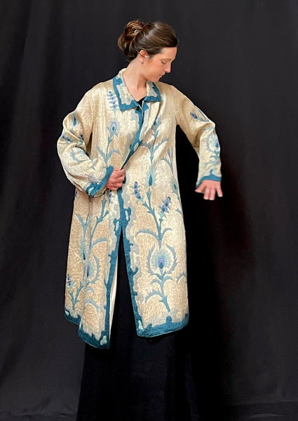 Art Deco Silk Embroidered Coat with Peacock Feathers: C1910 Britain