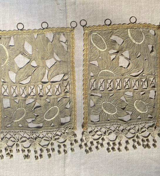 Pair Antique Art Deco French Richelieu Embroidered Linen Cafe Curtains Handmade Sunflower Motif