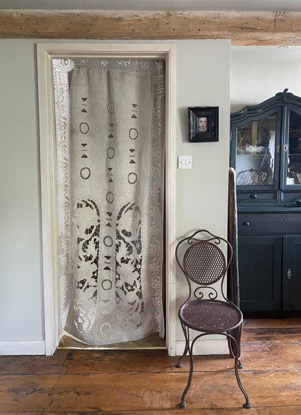 Antique Cutwork Embroidered Richelieu Lace Wallhanging Curtain Panel: C1900 - 1910 France