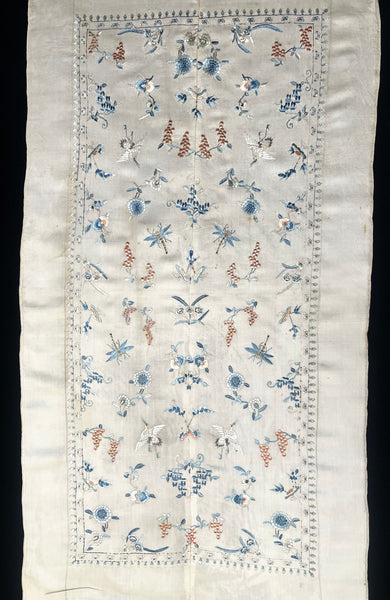 Fine Silk Embroidered Panel with Insects Birds & Flowers: C19th China