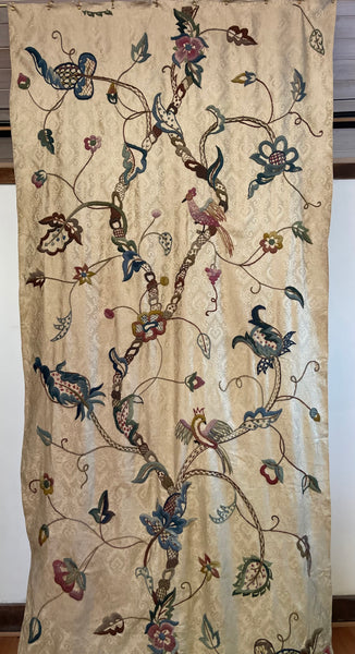 Antique Embroidered Crewelwork Tree of Life with Birds: C1910 A.H. Lee, Birkenhead, Britain. 337cm x 126cm