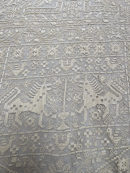 Antique Early Figurative Filet Lace Curtain Mythological Beasts Birds Tree of Life Hand Embroidered: C18th Italy