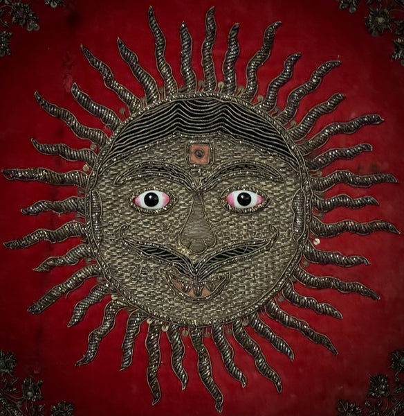 Antique Zardozi Embroidered Sun God on Velvet with Semi Precious Stones: C19th India