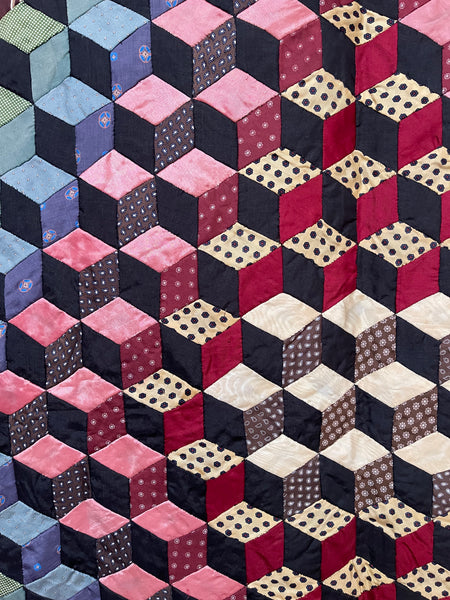 Antique Handmade Tumbling Blocks Silk Patchwork Quilt made with Cravat & Scarf Silks: C1910/20 Britain