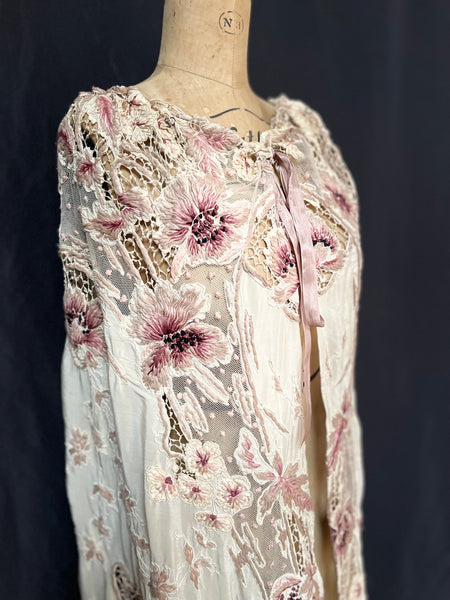 Antique Edwardian Art Nouveau Embroidered and Appliquéd Florals Silk Cape: C1910 France