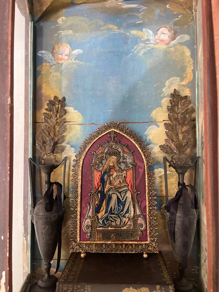 Antique Orphery Embroidery with Mary Queen of Heaven in Gothic Frame: Late C18th / 19th Century England