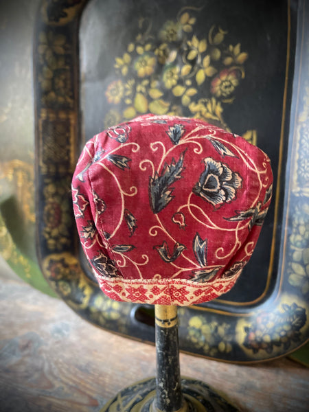 Antique Chintz Traditional Folk Costume Baby’s Bonnet: C18th Marken, Netherlands. Red