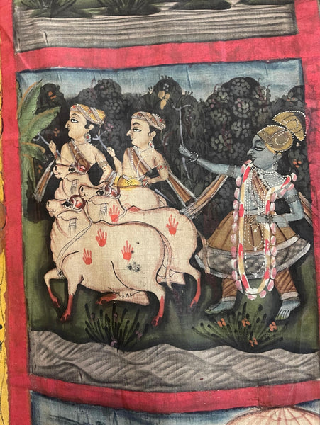 Hand Painted Pichawai Wallhanging Devotional Temple Hanging Krishna: C19th India