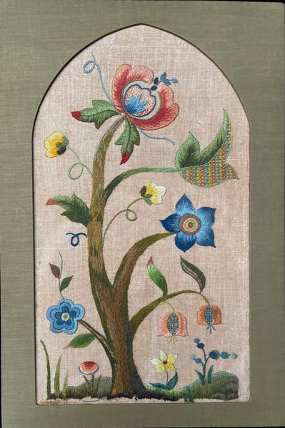 Arts and Crafts Tree of Life Embroidery Jacobean Revival Antique Crewelwork: C1920 Britain