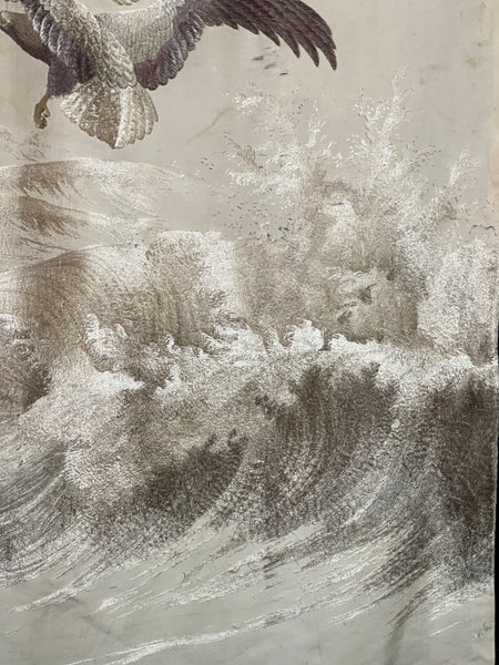 Museum Worthy Silk Embroidered Wallhanging with Waves Auspicious Sea Hawks: C19th Meiji Period, Japan.