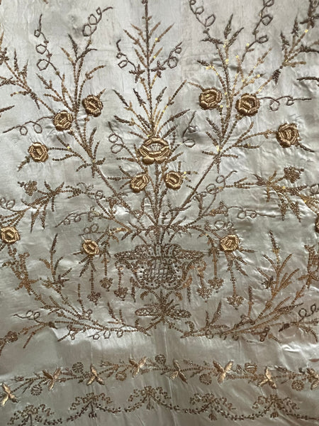 Antique Ottoman Embroidered Powder Blue Silk Satin Gold Embroidered Panels: C19th Turkey