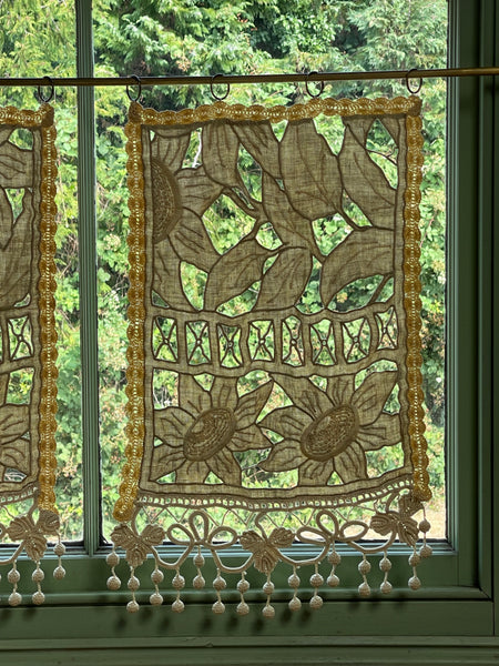 Pair Antique Art Deco French Richelieu Embroidered Linen Cafe Curtains Handmade Sunflower Motif