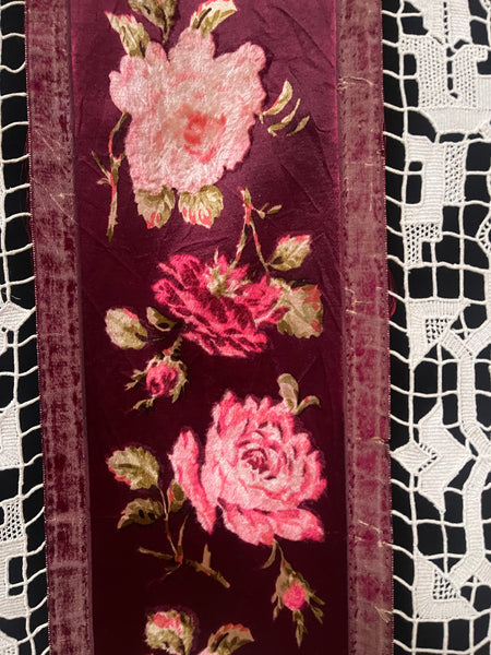 Antique Rose Printed Silk Velvet with Handmade Lace Panel : C19th Europe