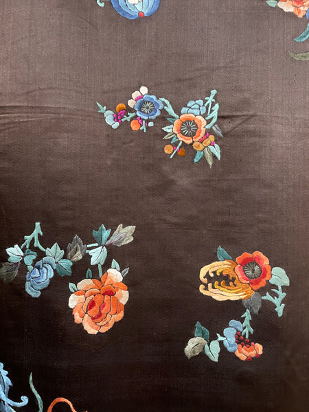 Fine Silk Embroidered Wallhanging with Symbolic Bats, Butterflies, Peonies: C19th China for export