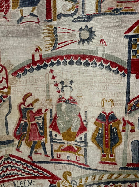 Antique Printed Linen Wallhanging Inspired by Bayeux Tapestry: C1920s Britain