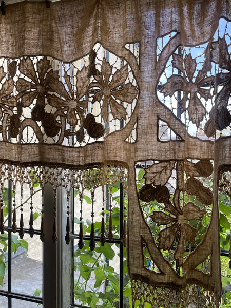 Antique Richelieu Hand Embroidered Pelmet or Café Curtain with Carved Beaded Fringe: C1900 France
