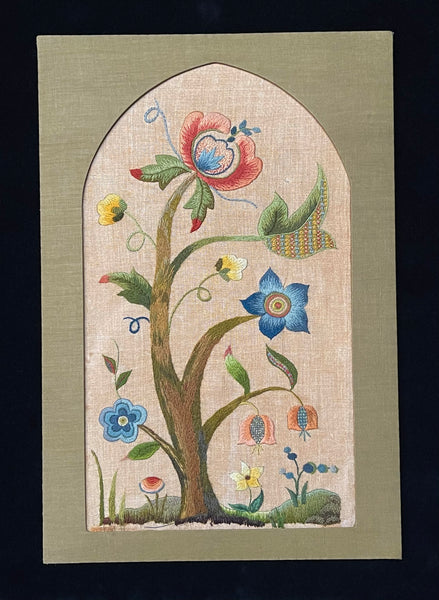 Arts and Crafts Tree of Life Embroidery Jacobean Revival Antique Crewelwork: C1920 Britain