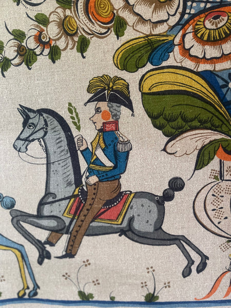 Large Swedish Folk Art Print Linen Wall Hanging: C1950s translation 19th Century Wall Paintings, Sweden
