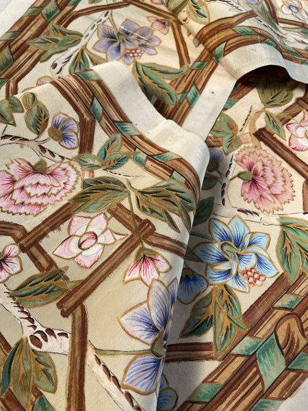 Hand Painted Chinoiserie Silk Panel Border Floral Vine: C1800 France