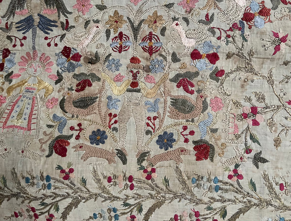 Antique Traditional Greek Island Embroidered Panel with Figures, Animals, Birds: C18th/19th Crete