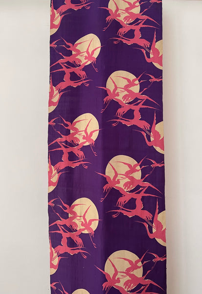 Art Deco era Printed Silk with Cranes Flying across Moon: C1920 Japan