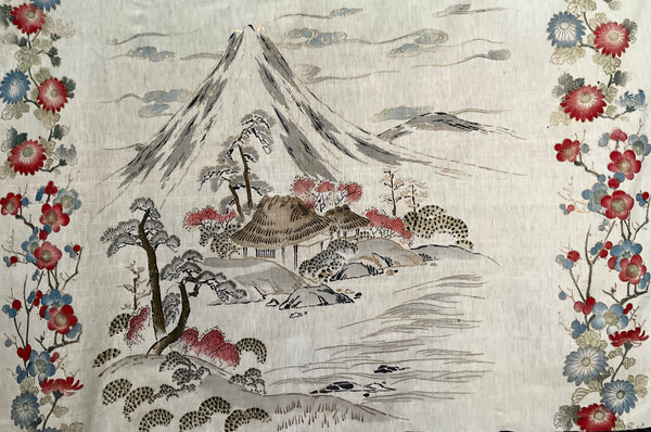 Traditional Block Printed Hand Painted Wallhanging with Mount Fuji: C1930 Japan