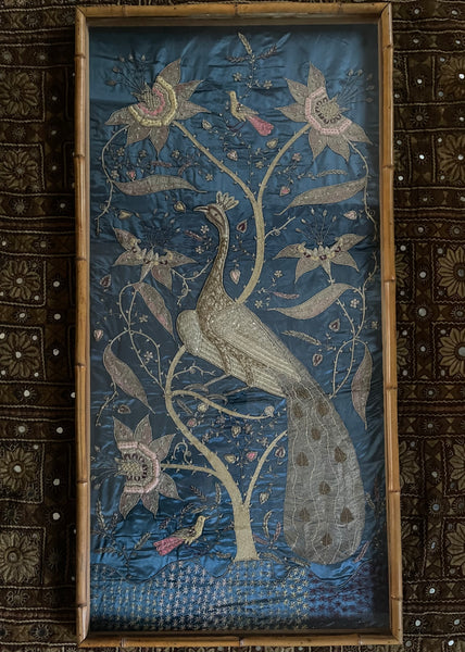 Antique Zardozi Embroidery Peacock & Tree of Life in Original Frame: C1900 India for export