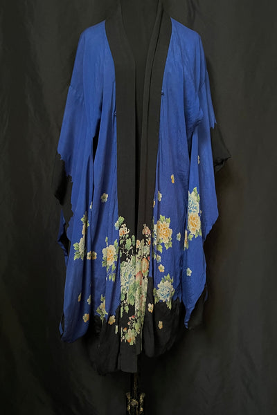 Reversible Hand Painted Silk Kimono with Flowers: C1920 Japan for export